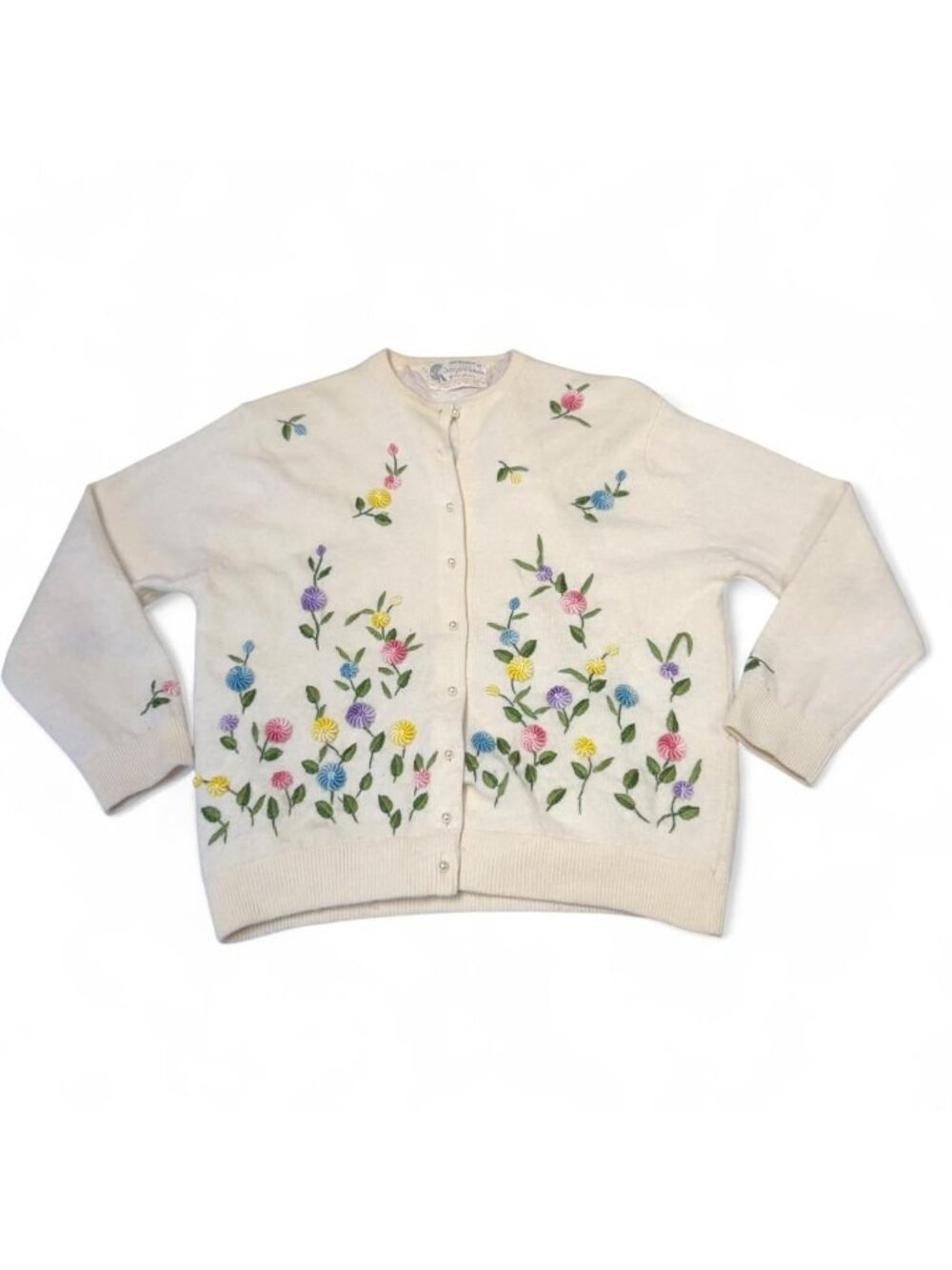 Vintage 60's Floral Embroidered Wool Angora Cardigan Women's Small Cottagecore